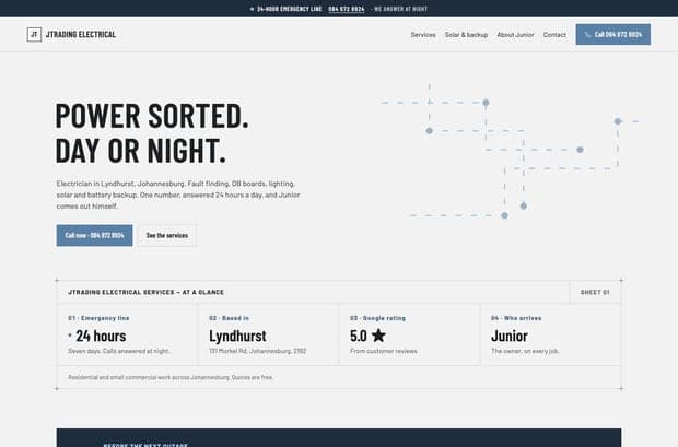 The JTrading Electrical Services homepage, part 1 of 3