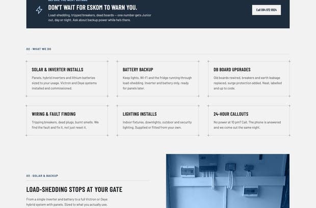 The JTrading Electrical Services homepage, part 2 of 3