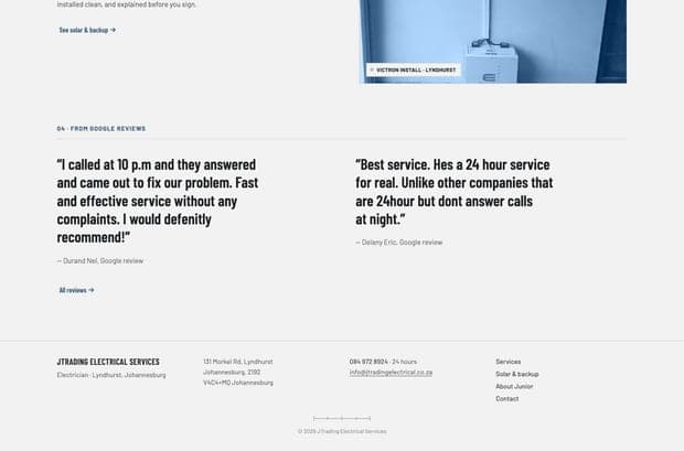 The JTrading Electrical Services homepage, part 3 of 3