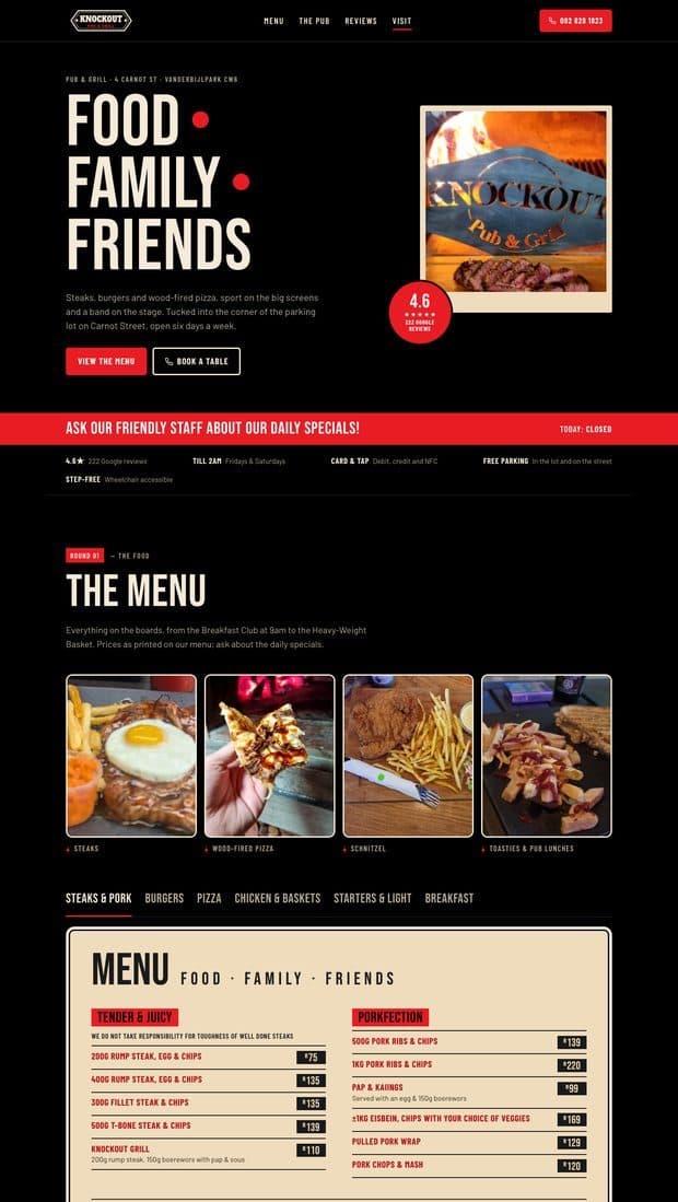 The Knock Out Pub & Grill homepage, part 1 of 3