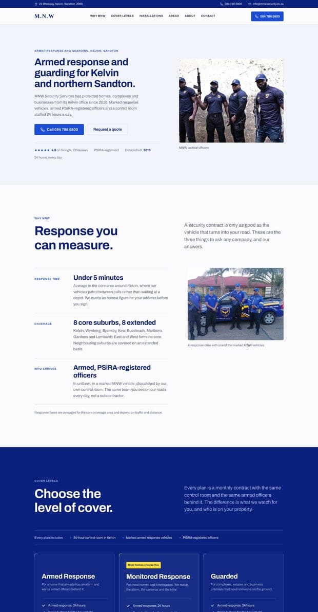 The MNW Security Services homepage, part 1 of 3