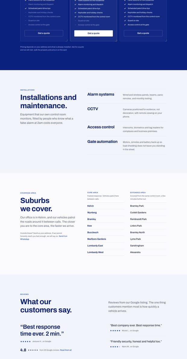 The MNW Security Services homepage, part 2 of 3