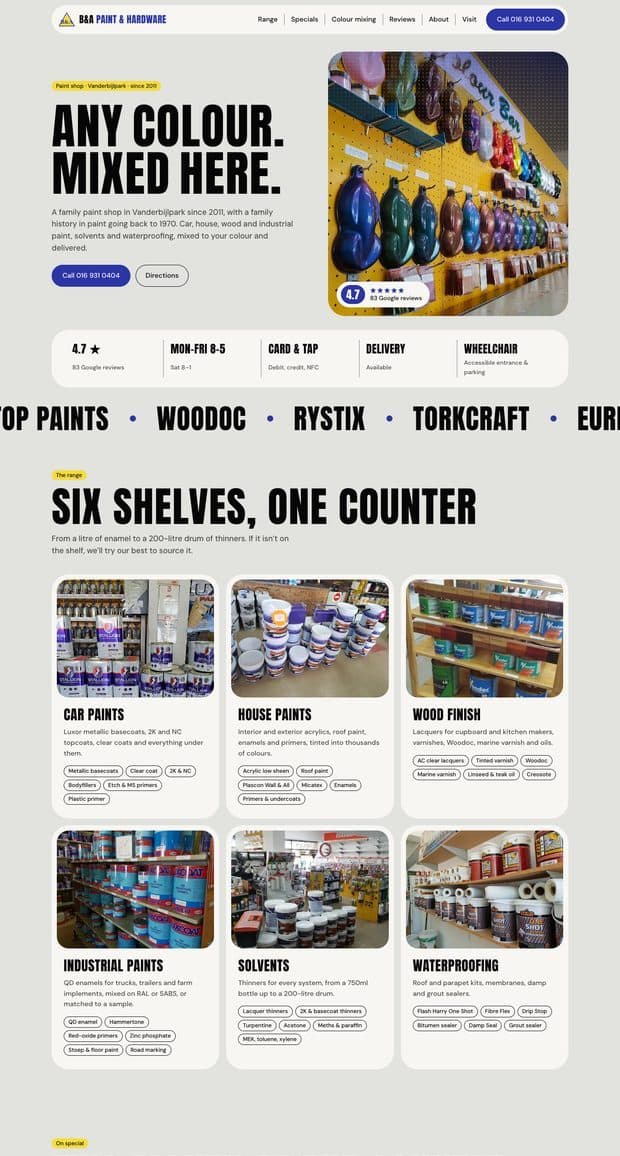 The B&A Paint & Hardware homepage, part 1 of 3
