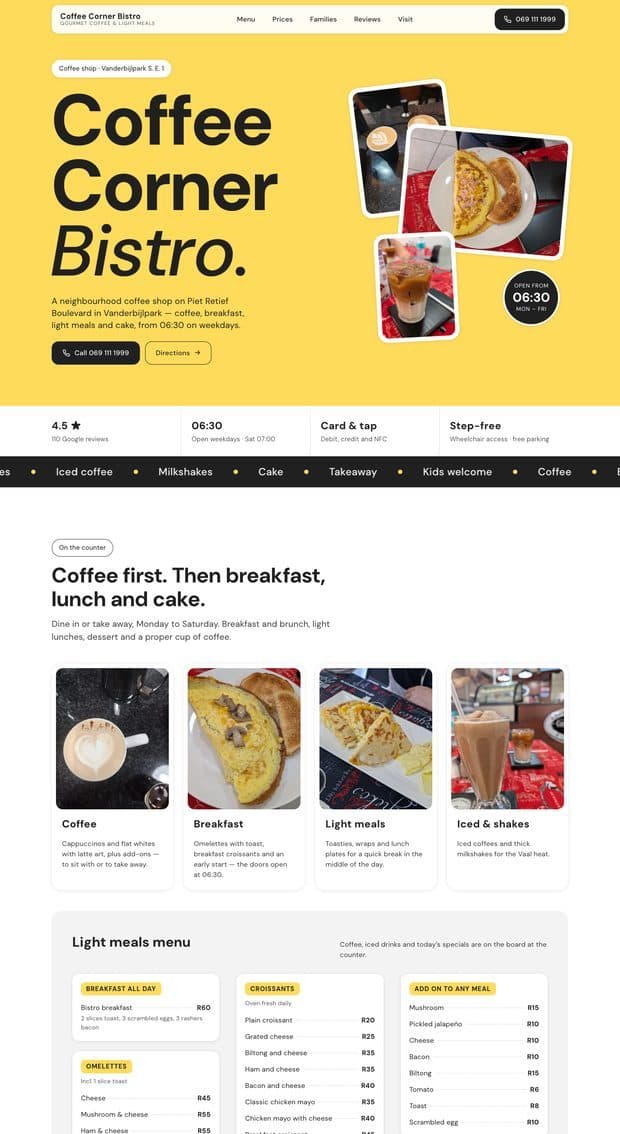 The Coffee Corner Bistro homepage, part 1 of 3