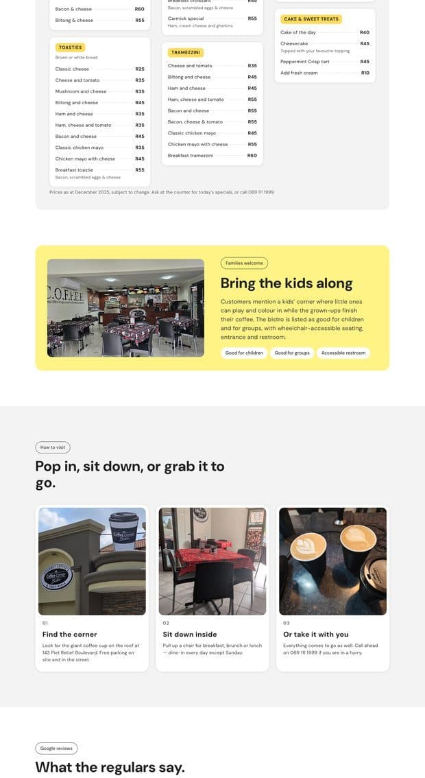 The Coffee Corner Bistro homepage, part 2 of 3